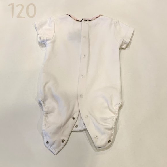 Burberry White Onesie Bodysuit with Pink Embroidered B and Check Trim - Size 6M - Picture 3 of 5